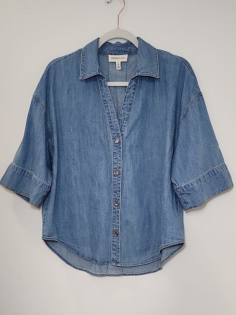 Current/Elliott Mid-Blue Denim Short-Sleeve Button-Down Shirt Size Med
